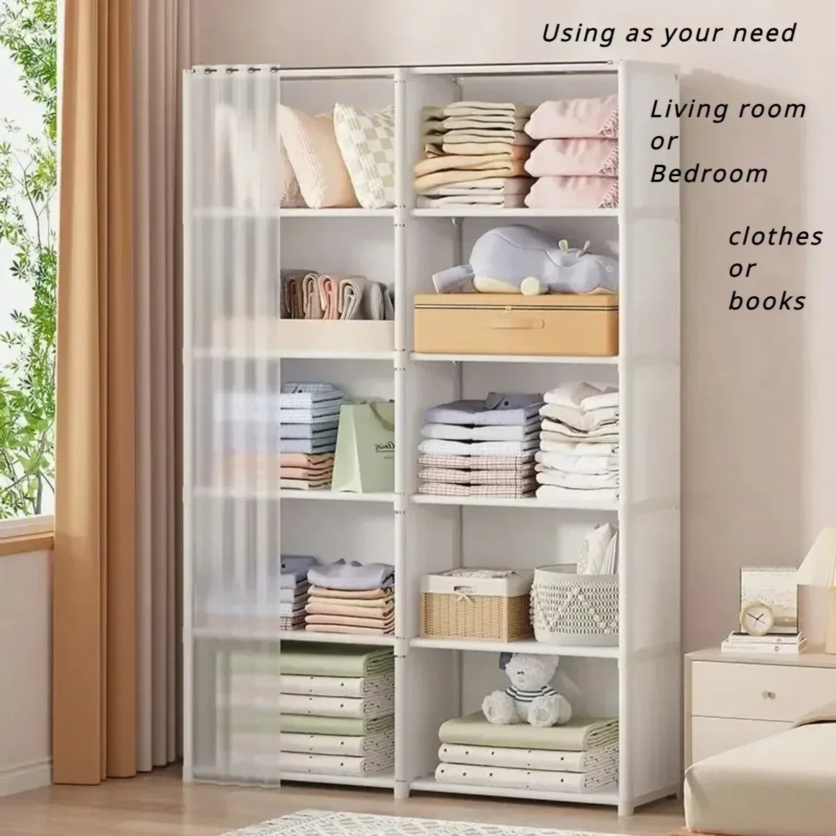 Bookshelf Storage Rack with Curtains Dust-proof Household Closet Wardrobe Storage Cabinet