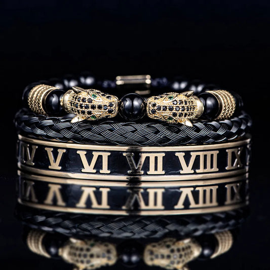 Bracelets Set Men Double Leopard head  Enamel Roman Numeral Bangles Rope Buckle Stone Beads