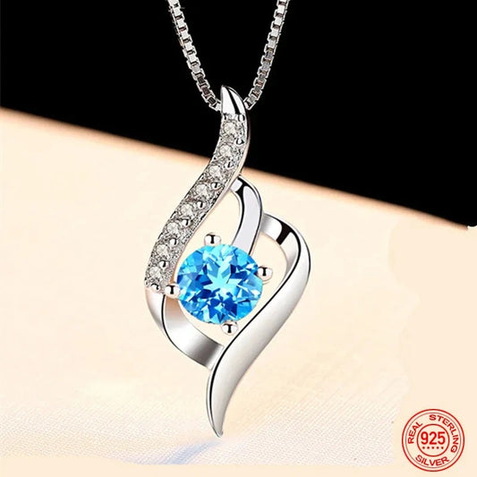 SARA  925 Silver Blue Crystal Necklace Chain For Women