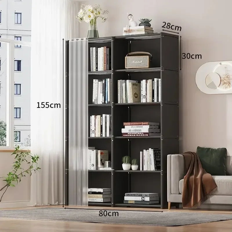 Bookshelf Storage Rack with Curtains Dust-proof Household Closet Wardrobe Storage Cabinet