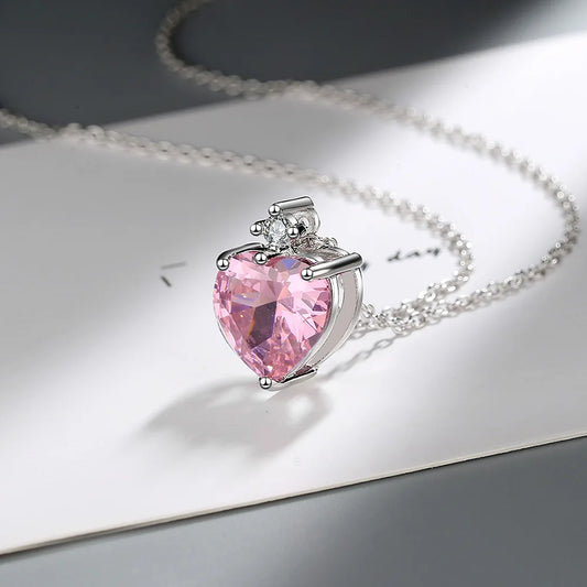 925 Sterling Silver Heart Pink Zircon Women's Neck Chain