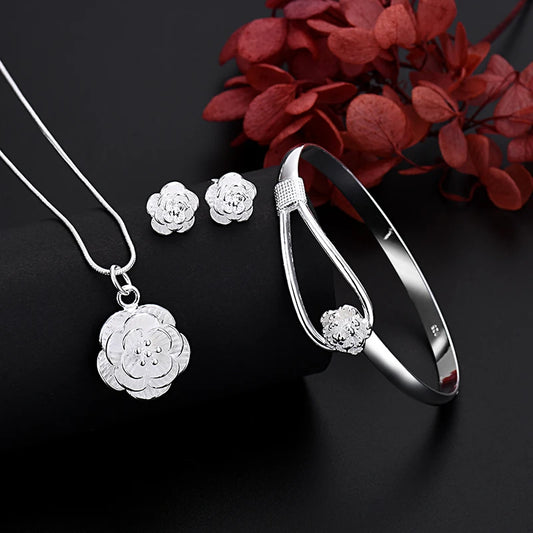 925 Sterling Silver Charm Flower Necklace Earring