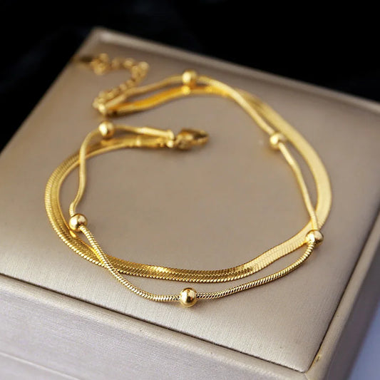 316L Stainless Steel Gold Color Double-Layer Anklets For Women