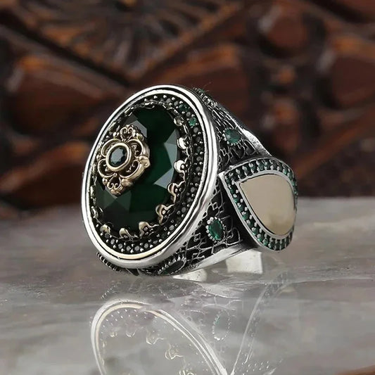 Men's Silver Color Green Crystal  Ring Engraving Geometric Irregular Pattern