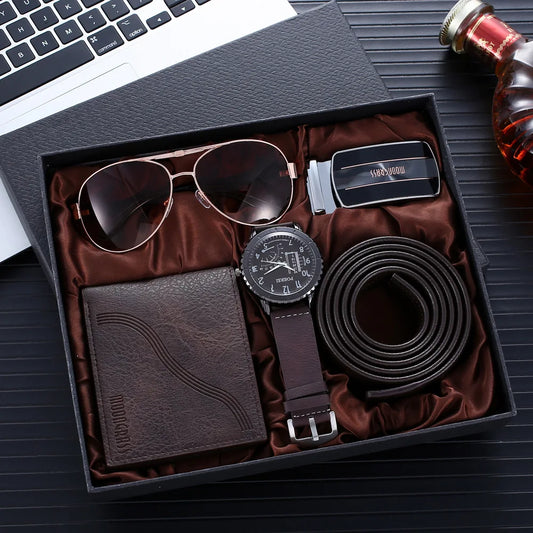 4pcs/set Men Watch Set Fashion Leather Belt Man Wallet Glasses Quartz Watch