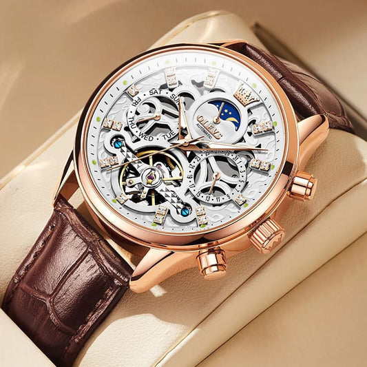 Automatic Mechanical Skeleton Watch for Men Moon Phase Dial Leather Strap Waterproof